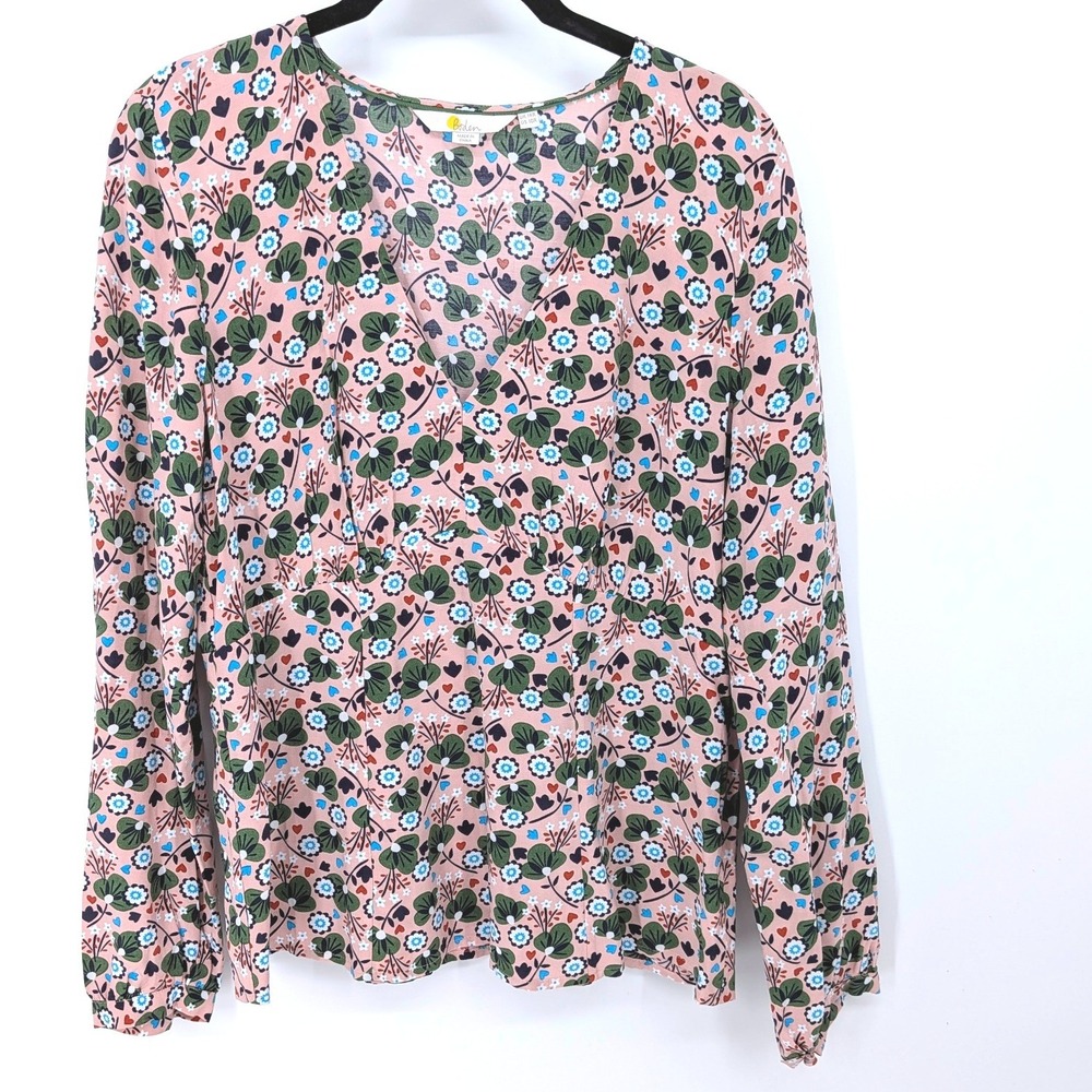 Boden V Neck Floral Blouse Women 10 Pink Long Sleeve Viscose Top Garden Office